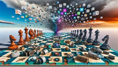 Hyperrealistisches Bild eines metaphorischen digitalen Schachbretts: Zerbrochene klassische Content-Objekte treffen auf moderne KI- und Social-Media-Symbole, mit einem algorithmischen Sturm im Hintergrund.