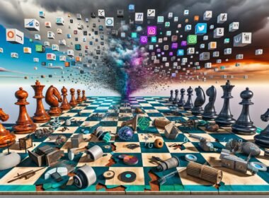 Hyperrealistisches Bild eines metaphorischen digitalen Schachbretts: Zerbrochene klassische Content-Objekte treffen auf moderne KI- und Social-Media-Symbole, mit einem algorithmischen Sturm im Hintergrund.