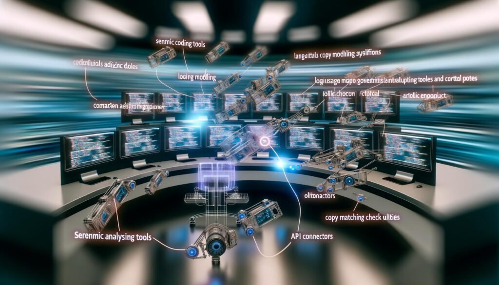 Futuristisch gestalteter Blogging-Arbeitsplatz mit Monitoren, die Code, Datenflüsse und KI-Artikelentwürfe anzeigen, verbunden durch Roboterarme und digitale Schnittstellen.