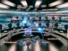 Futuristisch gestalteter Blogging-Arbeitsplatz mit Monitoren, die Code, Datenflüsse und KI-Artikelentwürfe anzeigen, verbunden durch Roboterarme und digitale Schnittstellen.