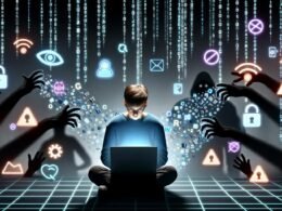 Hyperrealistische Illustration eines jungen Menschen am Laptop, umgeben von einem dichten digitalen Datennetz mit Datenschutzsymbolen, während Schattenfiguren von Unternehmen und Staaten nach den Daten greifen. Leuchtende Schutzschilde für digitale Grundrechte, Cookie-Banner und Überwachungskameras komplettieren die Szene.