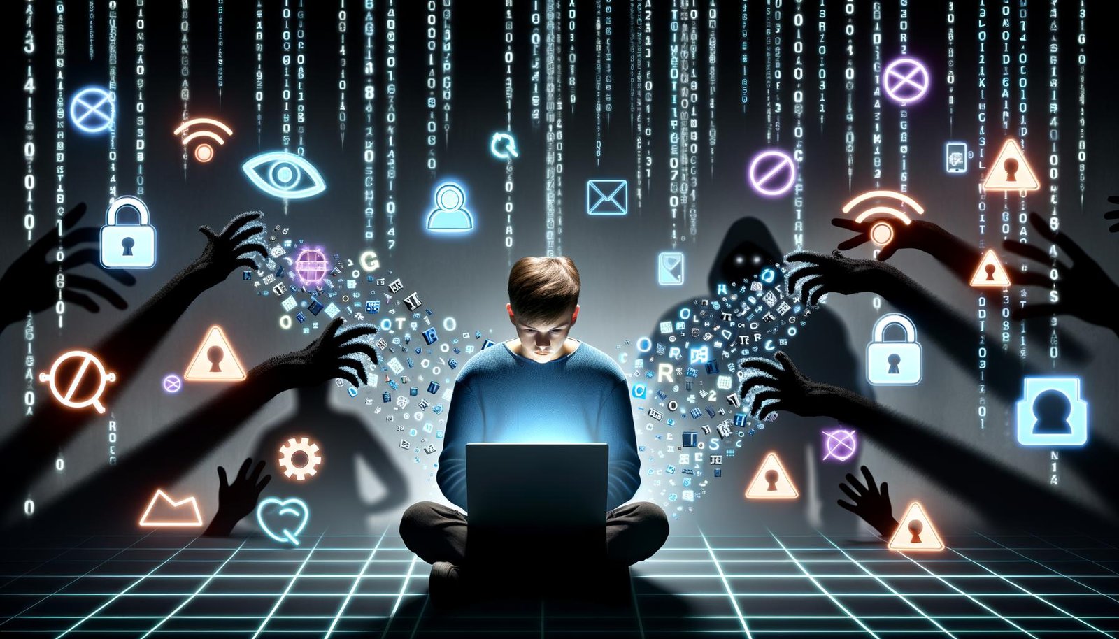 Hyperrealistische Illustration eines jungen Menschen am Laptop, umgeben von einem dichten digitalen Datennetz mit Datenschutzsymbolen, während Schattenfiguren von Unternehmen und Staaten nach den Daten greifen. Leuchtende Schutzschilde für digitale Grundrechte, Cookie-Banner und Überwachungskameras komplettieren die Szene.
