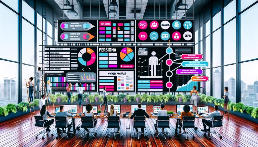 Content-Marketing-Team arbeitet gemeinsam an großem digitalen Dashboard mit Redaktionsplan, Persona-Profilen, Workflows und KPI-Charts in modernem, lichtdurchflutetem Loft-Büro