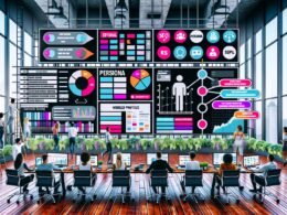 Content-Marketing-Team arbeitet gemeinsam an großem digitalen Dashboard mit Redaktionsplan, Persona-Profilen, Workflows und KPI-Charts in modernem, lichtdurchflutetem Loft-Büro