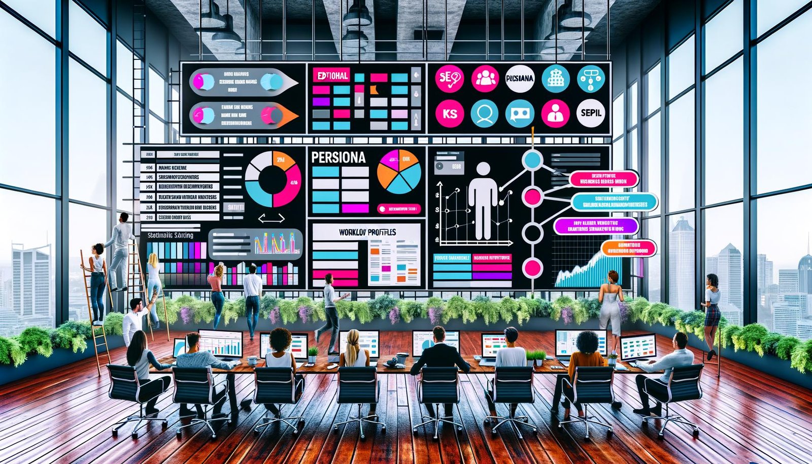 Content-Marketing-Team arbeitet gemeinsam an großem digitalen Dashboard mit Redaktionsplan, Persona-Profilen, Workflows und KPI-Charts in modernem, lichtdurchflutetem Loft-Büro
