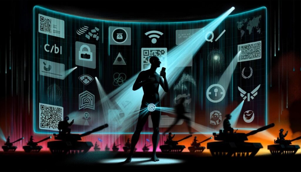 Symbolische Darstellung digitaler Überwachung: Person mit Smartphone wird von Datenströmen gescannt, große Tech-Logos und digitale Kontrollpulte im Hintergrund.