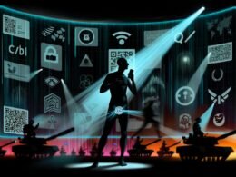 Symbolische Darstellung digitaler Überwachung: Person mit Smartphone wird von Datenströmen gescannt, große Tech-Logos und digitale Kontrollpulte im Hintergrund.