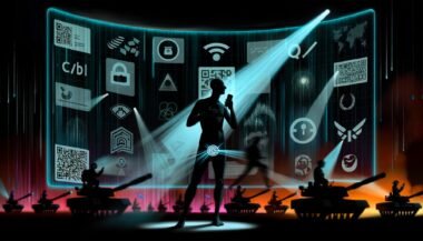 Symbolische Darstellung digitaler Überwachung: Person mit Smartphone wird von Datenströmen gescannt, große Tech-Logos und digitale Kontrollpulte im Hintergrund.