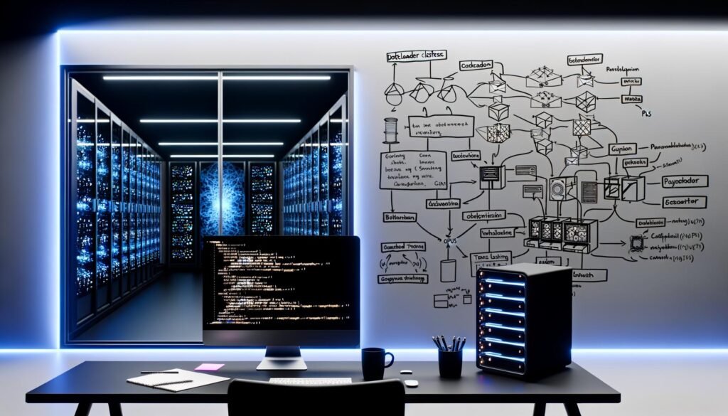 Moderner Arbeitsbereich mit PyTorch-Code auf Monitor, Hardware-Geräten, Notizen, und Serverraum im Hintergrund, Whiteboards mit neuronalen Netzen und Machine-Learning-Flussdiagrammen.