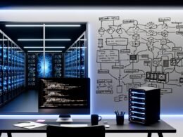 Moderner Arbeitsbereich mit PyTorch-Code auf Monitor, Hardware-Geräten, Notizen, und Serverraum im Hintergrund, Whiteboards mit neuronalen Netzen und Machine-Learning-Flussdiagrammen.