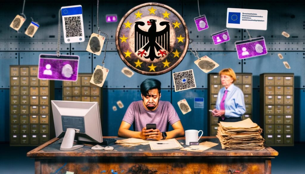 Frustrierter Bürger im deutschen Bürgerbüro mit Smartphone und Personalausweis vor altmodischem Schreibtisch, veraltete Aktenstapel, Beamter im Hintergrund, Fehlermeldung auf Computermonitor, schwebende digitale Symbole wie Blockchain, Fingerabdruck, EU-Sterne und Datenschutz-Warnungen.