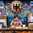 Frustrierter Bürger im deutschen Bürgerbüro mit Smartphone und Personalausweis vor altmodischem Schreibtisch, veraltete Aktenstapel, Beamter im Hintergrund, Fehlermeldung auf Computermonitor, schwebende digitale Symbole wie Blockchain, Fingerabdruck, EU-Sterne und Datenschutz-Warnungen.
