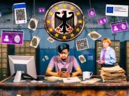 Frustrierter Bürger im deutschen Bürgerbüro mit Smartphone und Personalausweis vor altmodischem Schreibtisch, veraltete Aktenstapel, Beamter im Hintergrund, Fehlermeldung auf Computermonitor, schwebende digitale Symbole wie Blockchain, Fingerabdruck, EU-Sterne und Datenschutz-Warnungen.