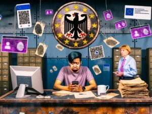 Frustrierter Bürger im deutschen Bürgerbüro mit Smartphone und Personalausweis vor altmodischem Schreibtisch, veraltete Aktenstapel, Beamter im Hintergrund, Fehlermeldung auf Computermonitor, schwebende digitale Symbole wie Blockchain, Fingerabdruck, EU-Sterne und Datenschutz-Warnungen.