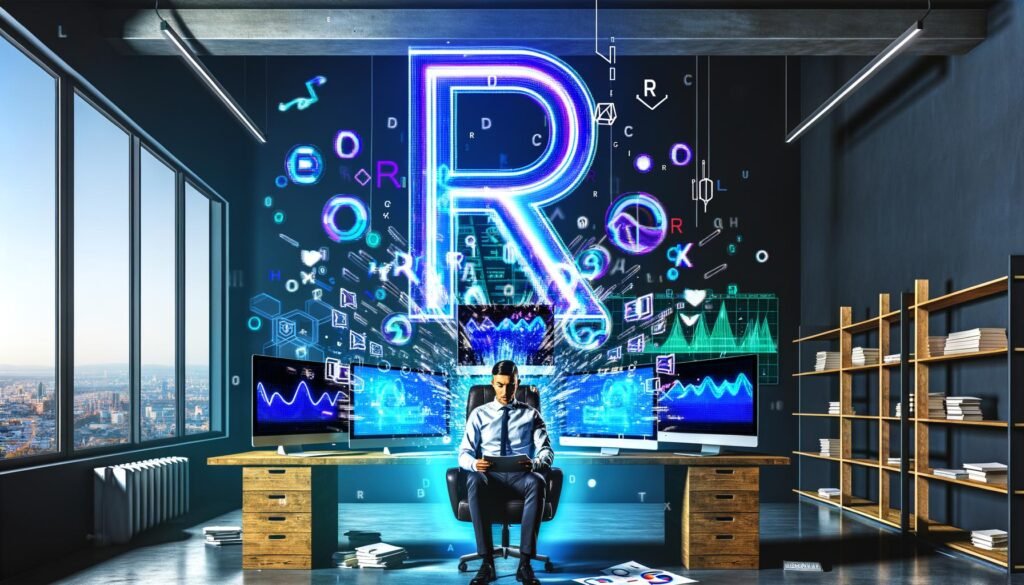Stilisierter Datenanalyst in urbanem Loft-Büro, umgeben von leuchtenden Diagrammen, Datensätzen und prominentem R-Logo mit dunkler, blauer Farbwelt.