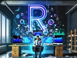 Stilisierter Datenanalyst in urbanem Loft-Büro, umgeben von leuchtenden Diagrammen, Datensätzen und prominentem R-Logo mit dunkler, blauer Farbwelt.