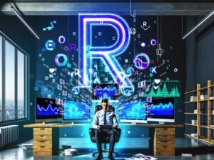 Stilisierter Datenanalyst in urbanem Loft-Büro, umgeben von leuchtenden Diagrammen, Datensätzen und prominentem R-Logo mit dunkler, blauer Farbwelt.