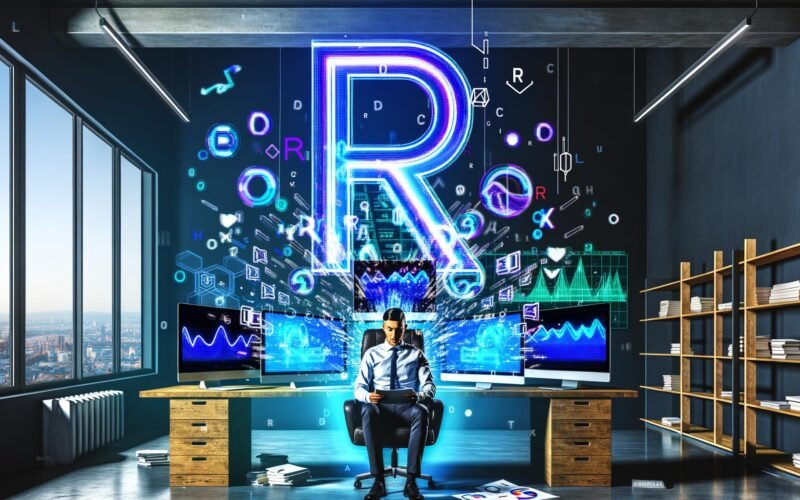 Stilisierter Datenanalyst in urbanem Loft-Büro, umgeben von leuchtenden Diagrammen, Datensätzen und prominentem R-Logo mit dunkler, blauer Farbwelt.