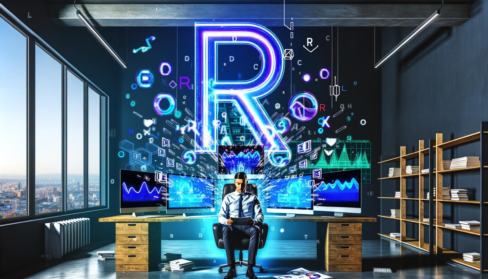 Stilisierter Datenanalyst in urbanem Loft-Büro, umgeben von leuchtenden Diagrammen, Datensätzen und prominentem R-Logo mit dunkler, blauer Farbwelt.