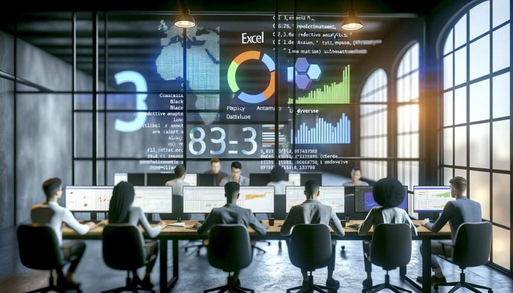 Marketing-Team analysiert Daten an modernen Workstations mit RStudio, Data-Visualisierungen auf Monitoren und verwischtem Excel-Logo im Hintergrund, Post-Its mit Begriffen wie Automatisierung und tidyverse an der Glaswand.