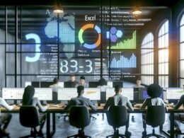 Marketing-Team analysiert Daten an modernen Workstations mit RStudio, Data-Visualisierungen auf Monitoren und verwischtem Excel-Logo im Hintergrund, Post-Its mit Begriffen wie Automatisierung und tidyverse an der Glaswand.