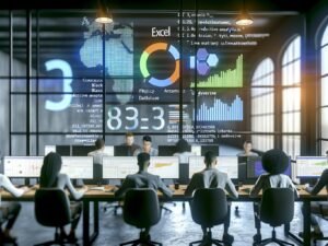 Marketing-Team analysiert Daten an modernen Workstations mit RStudio, Data-Visualisierungen auf Monitoren und verwischtem Excel-Logo im Hintergrund, Post-Its mit Begriffen wie Automatisierung und tidyverse an der Glaswand.