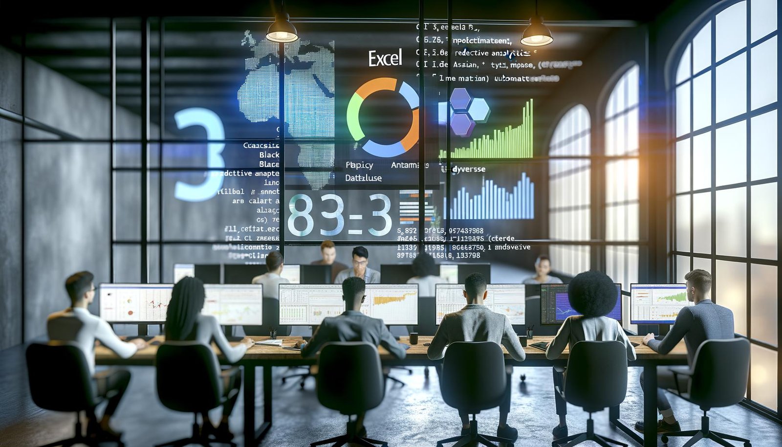 Marketing-Team analysiert Daten an modernen Workstations mit RStudio, Data-Visualisierungen auf Monitoren und verwischtem Excel-Logo im Hintergrund, Post-Its mit Begriffen wie Automatisierung und tidyverse an der Glaswand.