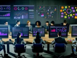 Marketingexperten in einem modernen, dunklen Büro arbeiten konzentriert an Laptops vor mehreren Monitoren mit dynamischen R Dashboards, umgeben von Post-Its und einem Whiteboard.