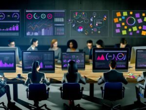 Marketingexperten in einem modernen, dunklen Büro arbeiten konzentriert an Laptops vor mehreren Monitoren mit dynamischen R Dashboards, umgeben von Post-Its und einem Whiteboard.