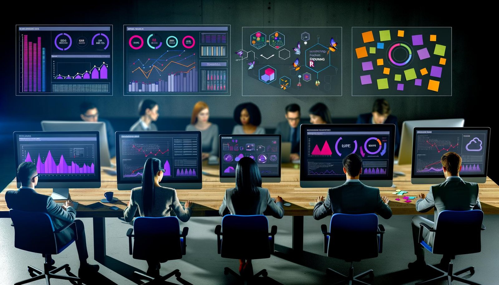 Marketingexperten in einem modernen, dunklen Büro arbeiten konzentriert an Laptops vor mehreren Monitoren mit dynamischen R Dashboards, umgeben von Post-Its und einem Whiteboard.