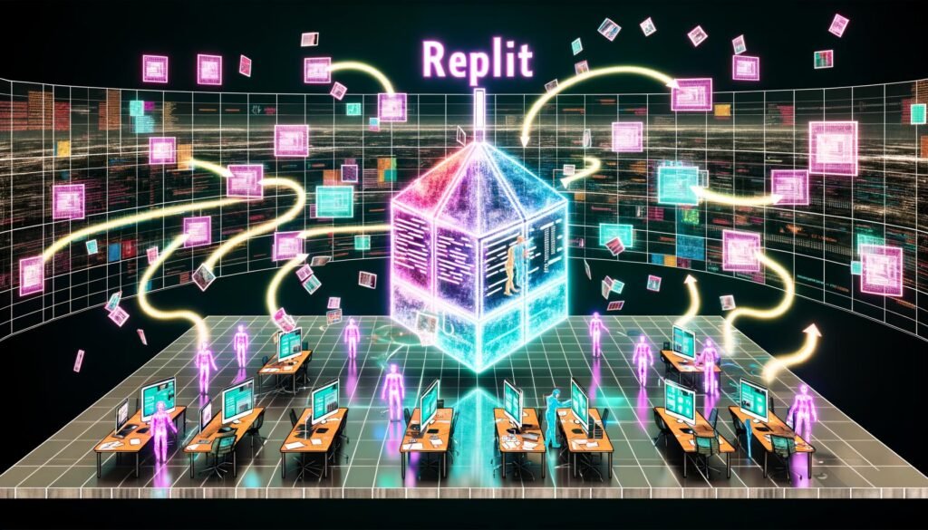 Futuristischer Redaktionsarbeitsplatz mit holografischem Replit-Magazin-Dashboard, schwebenden Codeblöcken, 3D-Assets und diversen Avataren in einem immersiven 3D-Metaverse mit VR, AR und Blockchain-Elementen.