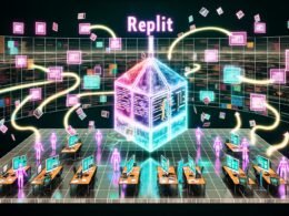 Futuristischer Redaktionsarbeitsplatz mit holografischem Replit-Magazin-Dashboard, schwebenden Codeblöcken, 3D-Assets und diversen Avataren in einem immersiven 3D-Metaverse mit VR, AR und Blockchain-Elementen.