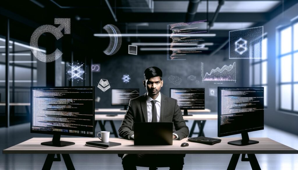 Professioneller R Data Scientist im minimalistischen Loft-Büro mit mehreren Bildschirmen, die R-Code und Datenmodelle zeigen, umgeben von ikonischen R-Datenstrukturen.