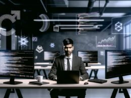 Professioneller R Data Scientist im minimalistischen Loft-Büro mit mehreren Bildschirmen, die R-Code und Datenmodelle zeigen, umgeben von ikonischen R-Datenstrukturen.