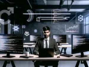 Professioneller R Data Scientist im minimalistischen Loft-Büro mit mehreren Bildschirmen, die R-Code und Datenmodelle zeigen, umgeben von ikonischen R-Datenstrukturen.