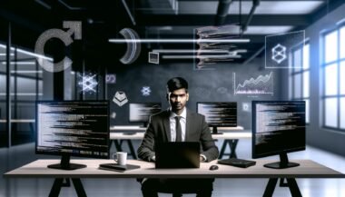 Professioneller R Data Scientist im minimalistischen Loft-Büro mit mehreren Bildschirmen, die R-Code und Datenmodelle zeigen, umgeben von ikonischen R-Datenstrukturen.