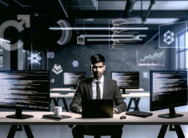 Professioneller R Data Scientist im minimalistischen Loft-Büro mit mehreren Bildschirmen, die R-Code und Datenmodelle zeigen, umgeben von ikonischen R-Datenstrukturen.