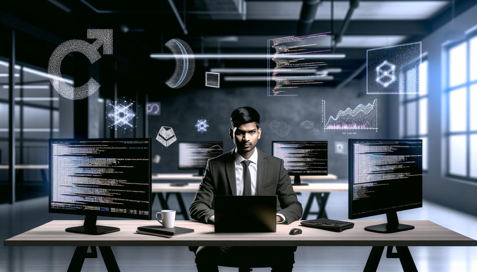 Professioneller R Data Scientist im minimalistischen Loft-Büro mit mehreren Bildschirmen, die R-Code und Datenmodelle zeigen, umgeben von ikonischen R-Datenstrukturen.