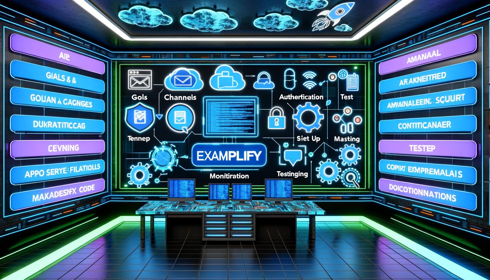 Illustrationen zu Marketing-Automatisierung: Maschinenraum mit Dashboards für verschiedene Kanäle, strukturierte Checkliste, Vergleich modern vs. veraltet, Fehlerquellen und Best-Practice-Monitoring sowie digitale Wachstumsszene mit Replit-Logo.