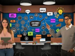 Zwei Marketingspezialisten in dynamischer Büroszene analysieren Daten und entwickeln innovative Strategien mit Fokus auf hochwertigen Content und digitaler Technologie.