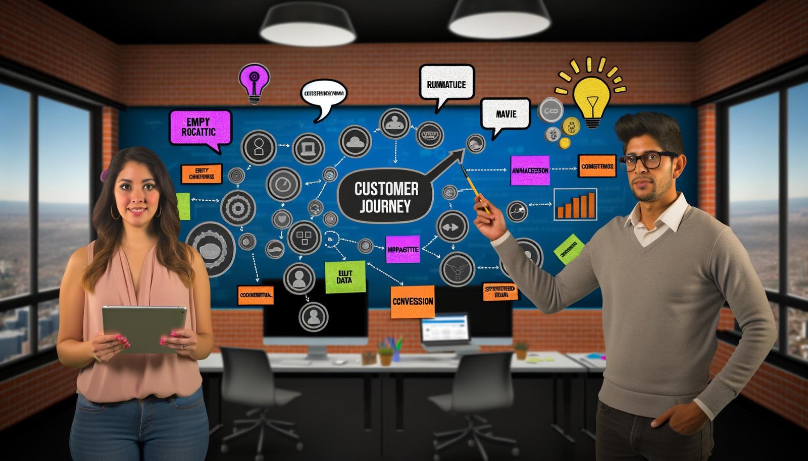 Zwei Marketingspezialisten in dynamischer Büroszene analysieren Daten und entwickeln innovative Strategien mit Fokus auf hochwertigen Content und digitaler Technologie.