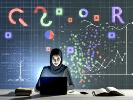 Moderne Marketerin arbeitet am Laptop, umgeben von farbigen Datendiagrammen, R-Code und Symbolen vor kontrastreichem Hintergrund zwischen alten und neuen Tools.