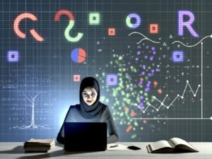 Moderne Marketerin arbeitet am Laptop, umgeben von farbigen Datendiagrammen, R-Code und Symbolen vor kontrastreichem Hintergrund zwischen alten und neuen Tools.