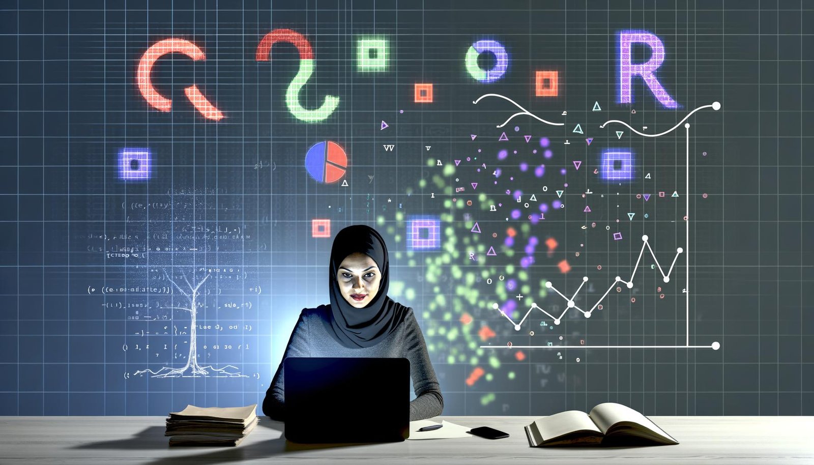 Moderne Marketerin arbeitet am Laptop, umgeben von farbigen Datendiagrammen, R-Code und Symbolen vor kontrastreichem Hintergrund zwischen alten und neuen Tools.