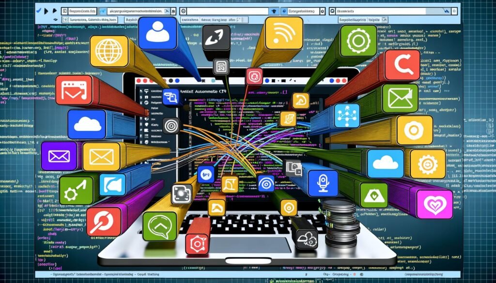 Dynamisch gestaltete Illustration eines modernen Replit-Dashboards mit offenen Integrationen zu Social-Media-Kanälen, CRM, Newsletter, Analytics, Coding-Elementen und Monitoring, alles vernetzt und animiert.