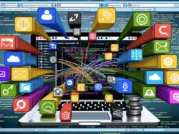 Dynamisch gestaltete Illustration eines modernen Replit-Dashboards mit offenen Integrationen zu Social-Media-Kanälen, CRM, Newsletter, Analytics, Coding-Elementen und Monitoring, alles vernetzt und animiert.