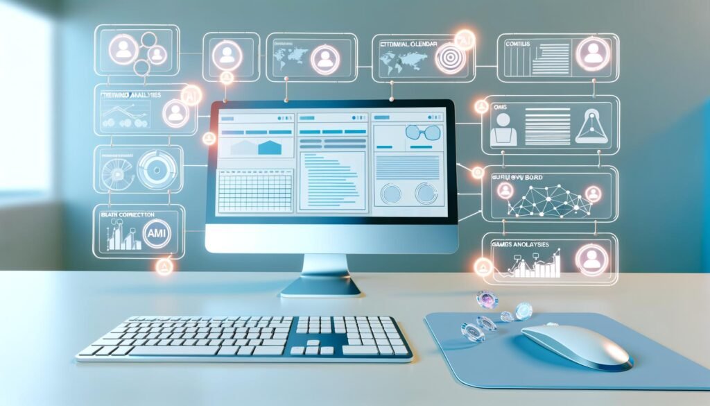 Stilisierte Illustration eines High-Tech-Content-Marketing-Desktops mit Widgets für Redaktionskalender, Trendanalysen und Workflow-Boards. Automatisierungs- und KI-Elemente sowie Verbindungen zu Business-Tools im Hintergrund.