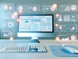 Stilisierte Illustration eines High-Tech-Content-Marketing-Desktops mit Widgets für Redaktionskalender, Trendanalysen und Workflow-Boards. Automatisierungs- und KI-Elemente sowie Verbindungen zu Business-Tools im Hintergrund.