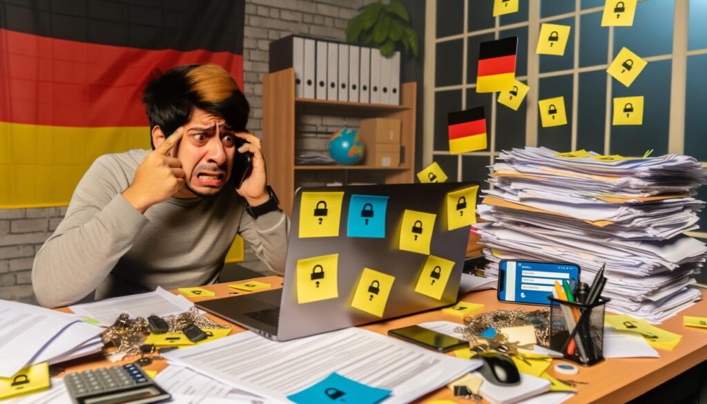 Junger Mann überfordert am Schreibtisch mit Laptop, Smartphone, Papierdokumenten und Video-Call, umgeben von deutschen Flaggen und Formularen.