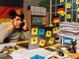 Junger Mann überfordert am Schreibtisch mit Laptop, Smartphone, Papierdokumenten und Video-Call, umgeben von deutschen Flaggen und Formularen.